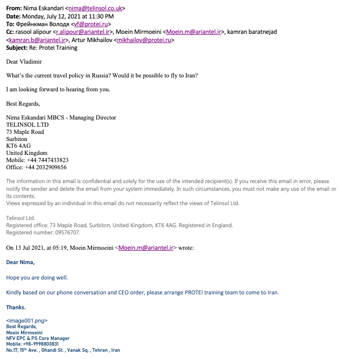 You Move, They Follow: Uncovering Iran’s Mobile Legal Intercept System 13 Screenshot of an email dialogue between Nima Eskandari, Ariantel and PROTEI regarding training venue logistics between Russia and Iran