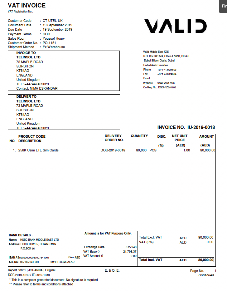 You Move, They Follow: Uncovering Iran’s Mobile Legal Intercept System 12 Screenshot of an invoice for SIM Cards ordered by Telinsol and included in the email attachment sent to Ariantel