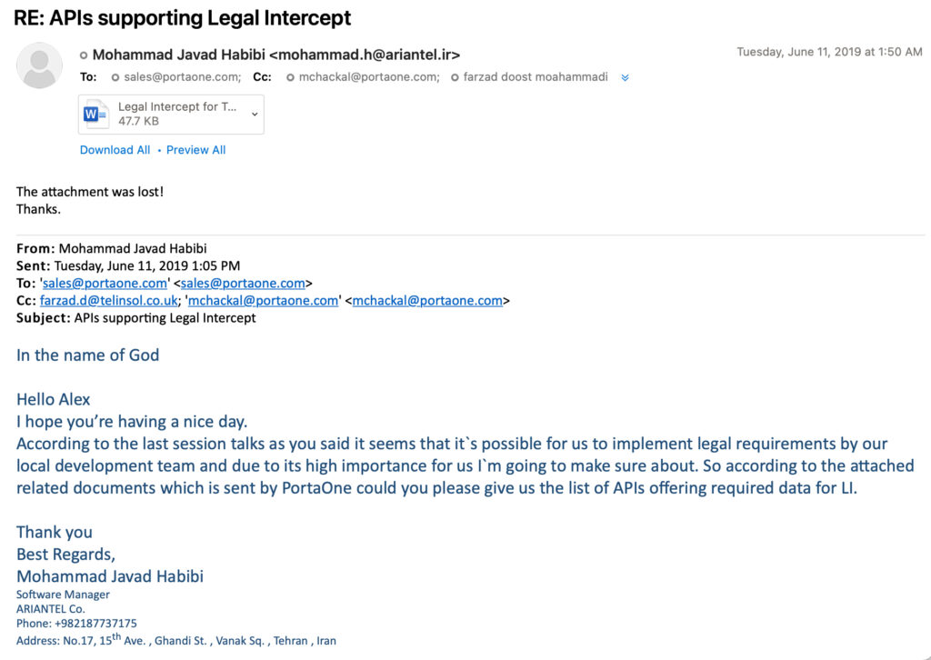 You Move, They Follow: Uncovering Iran’s Mobile Legal Intercept System 2 Screenshot of an email from Ariantel to PortaOne providing a project overview document including the required data for CRA Legal Intercept