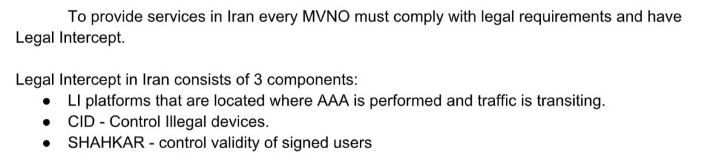 You Move, They Follow: Uncovering Iran’s Mobile Legal Intercept System 19 Excerpt of document sent by an Ariantel “software manager”