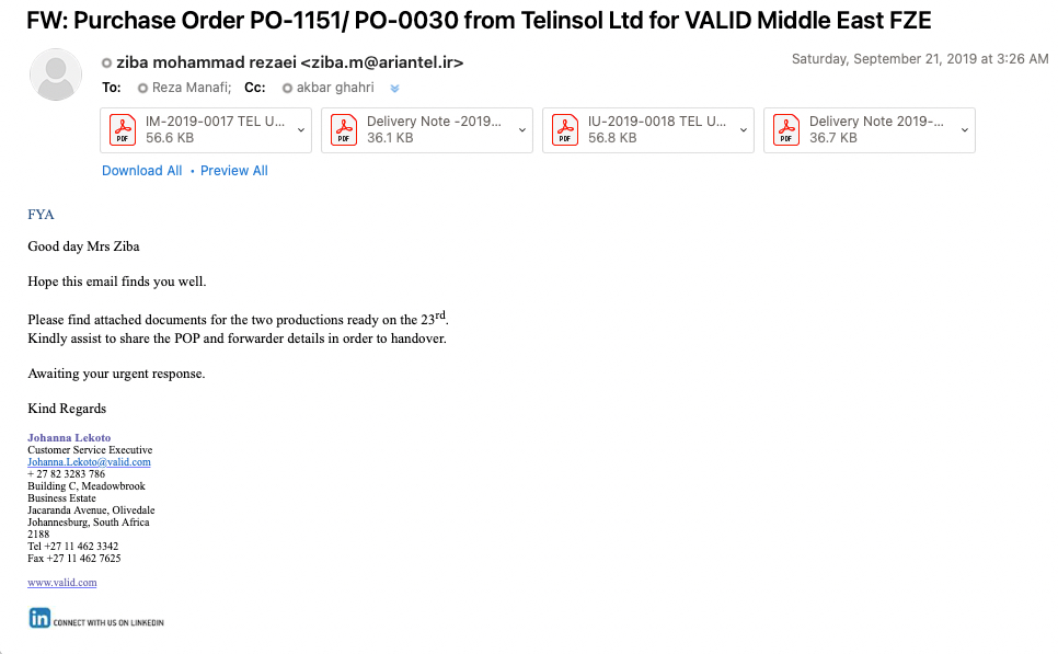 You Move, They Follow: Uncovering Iran’s Mobile Legal Intercept System 11 Screenshot of an email sent to Ariantel including attached invoices issued to Telinsol for SIM card purchases