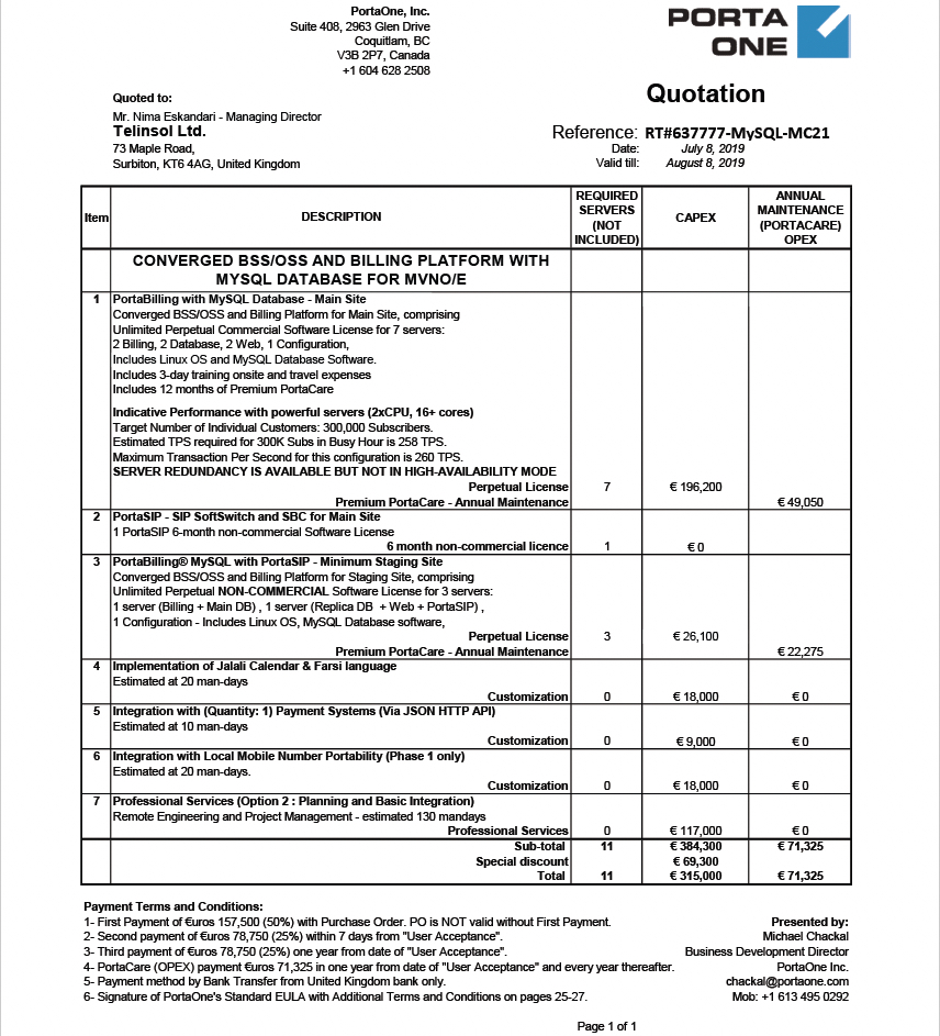 You Move, They Follow: Uncovering Iran’s Mobile Legal Intercept System 10 Figure 11. Screenshot of a PortaOne commercial quotation to Telinsol