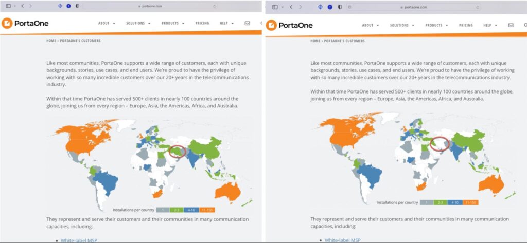 You Move, They Follow: Uncovering Iran’s Mobile Legal Intercept System 17 The customer installation map on the PortaOne website taken on January 10, 2023 (left) and on January 11, 2023, at 12pm Eastern (right). Circle was added to highlight Iran.