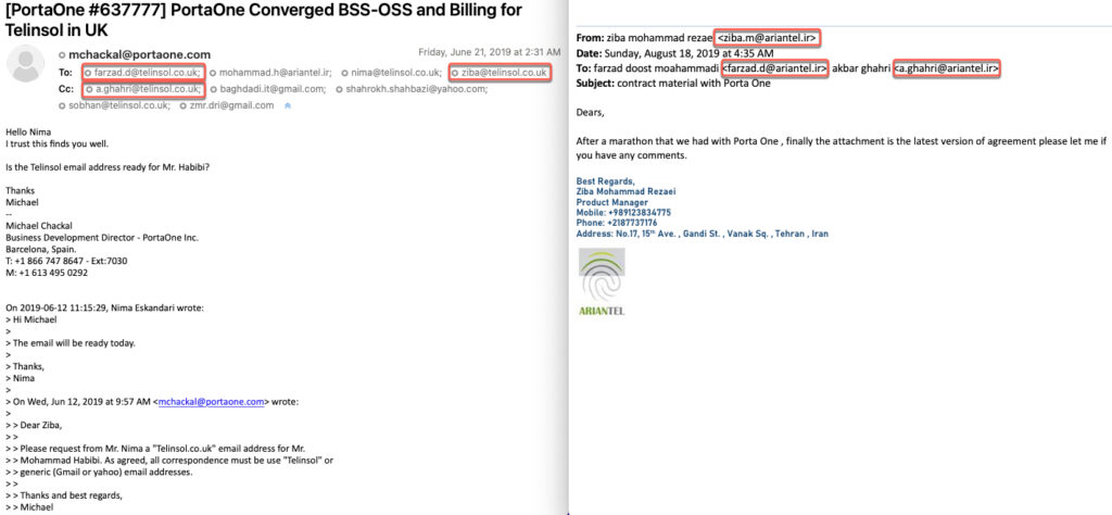 You Move, They Follow: Uncovering Iran’s Mobile Legal Intercept System 8 Screenshot of an email requesting the use of Telinsol Gmail or Yahoo email addresses to communicate and an email of the same users with both Telinsol and Ariantel email addresses