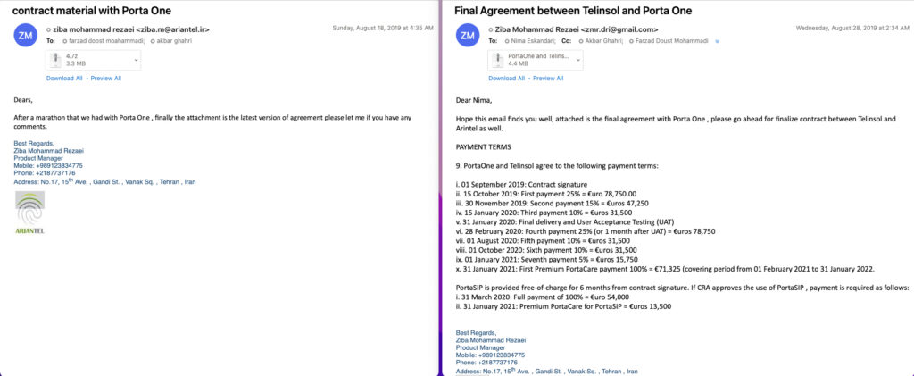 You Move, They Follow: Uncovering Iran’s Mobile Legal Intercept System 9 Screenshots of internal Ariantel emails referencing commercial agreement documents with PortaOne