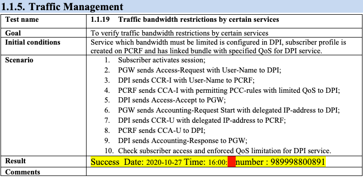 You Move, They Follow: Uncovering Iran’s Mobile Legal Intercept System 7 Screenshot from the PROTEI DPI Acceptance Test Protocol document showing a successful test of bandwidth restriction performed for the Iran MVNO Ariantel