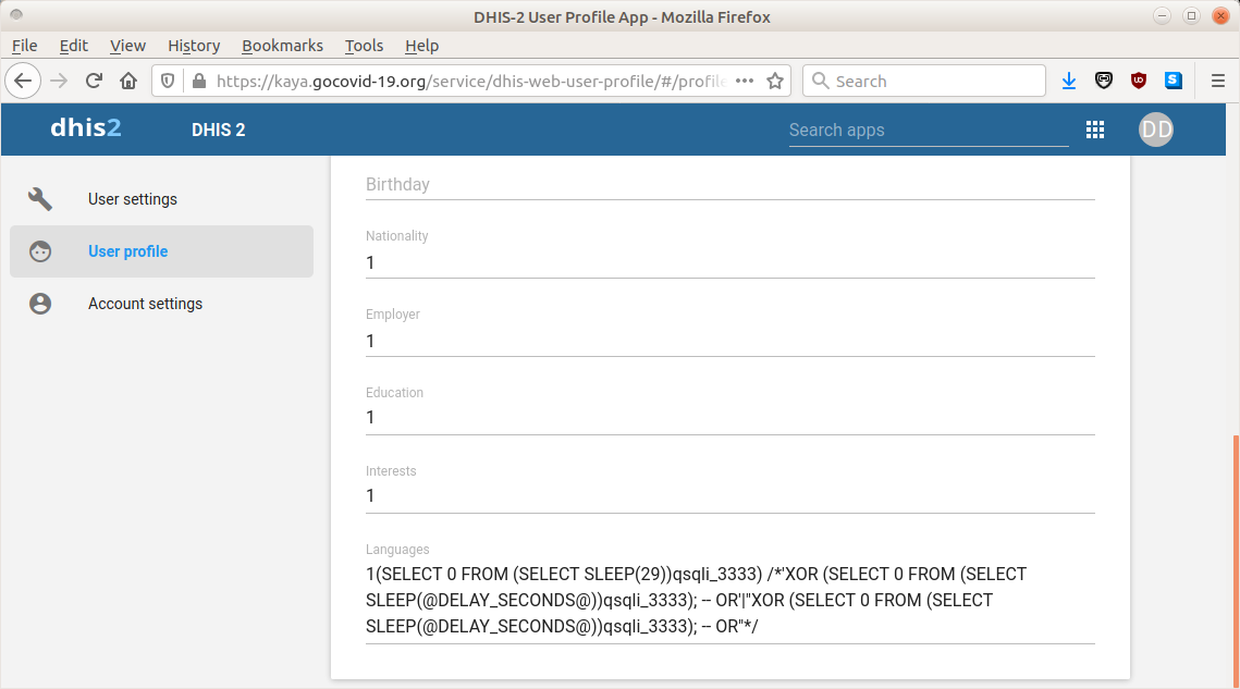 Unmasked: COVID-KAYA and the Exposure of Healthcare Worker Data in the Philippines 4 User profile shows the language configured to a string resembling an SQL injection attack.