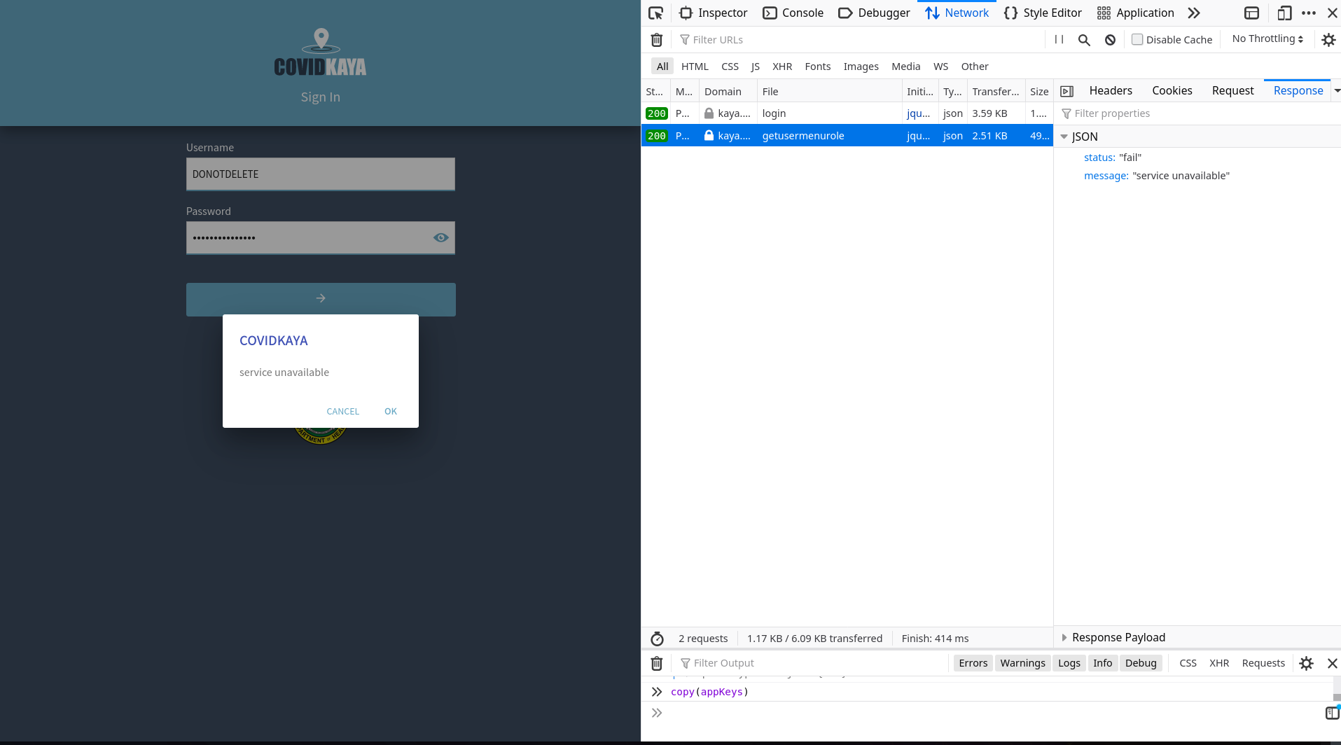 Unmasked: COVID-KAYA and the Exposure of Healthcare Worker Data in the Philippines 7 Screenshot from COVID-KAYA web app showing ‘service unavailable’ error message when logging in with ‘DONOTDELETE’ credentials