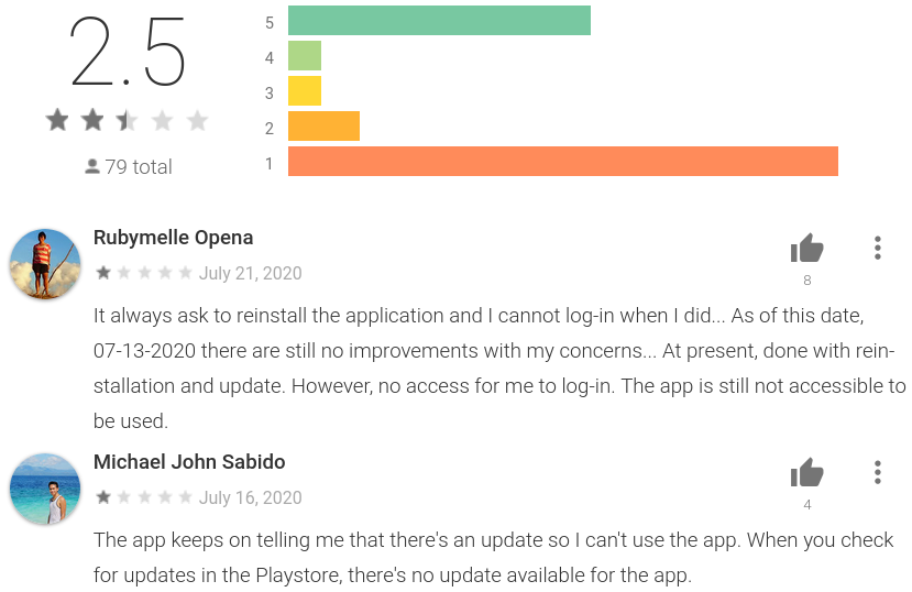 Unmasked: COVID-KAYA and the Exposure of Healthcare Worker Data in the Philippines 8 COVID-KAYA reviews on Google Play Store showing users reporting they are asked to reinstall the app