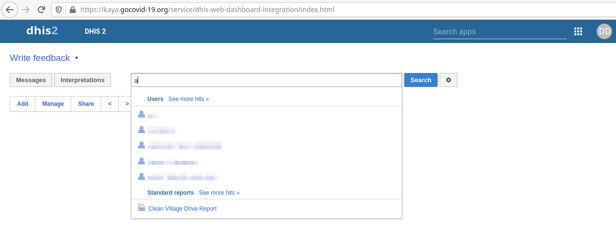 Unmasked: COVID-KAYA and the Exposure of Healthcare Worker Data in the Philippines 9 Screenshot of an attempt to search the DHIS web interface, showing that these credentials can still access data.