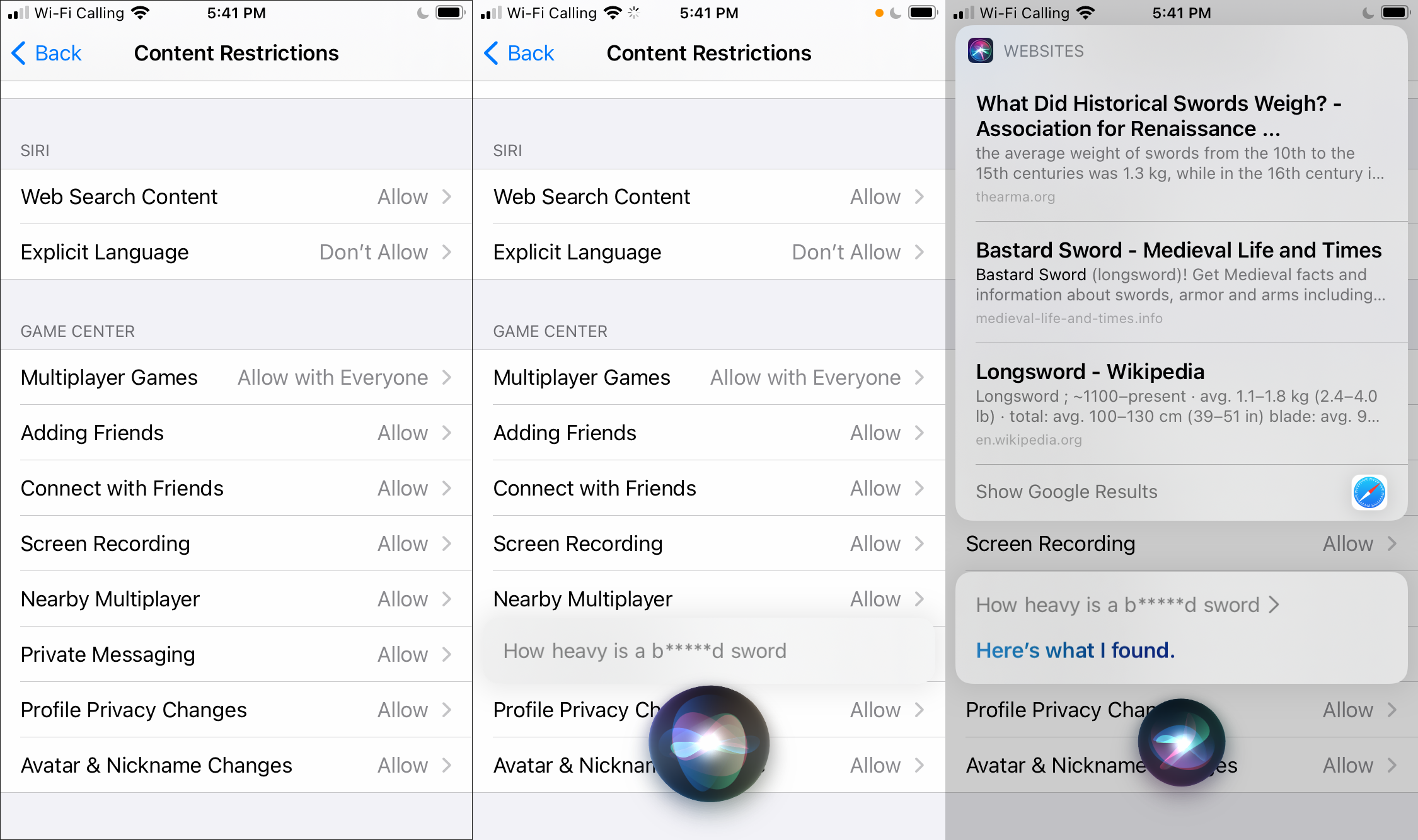 Engrave Condition: Apple’s Political Censorship Leaves Taiwan, Remains in Hong Kong 1 Left, enabling explicit language filtering for Siri; center, asking Siri a question containing a filtered keyword; right, viewing Siri’s response.