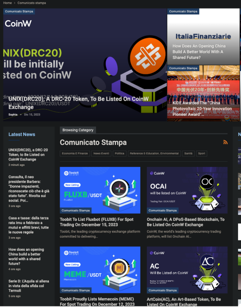 Snapshot of the Press Release (&ldquo;Comunicato Stampa&rdquo; in Italian) section of italiafinanziarie[.]com, showing five distinct cryptocurrency-related press releases, all in English. Again, the Italian language is reserved for the legitimate news content extracted from real local media