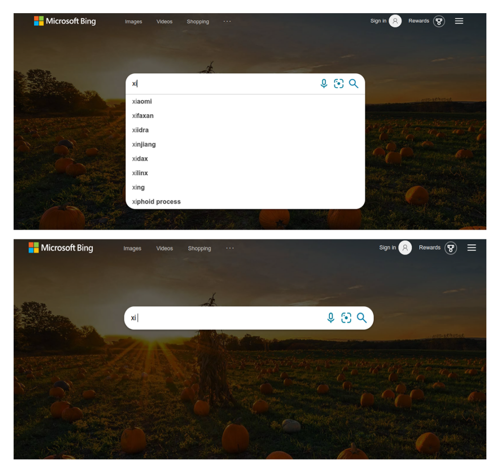 Left, October 2021 autosuggestions for &ldquo;xi&rdquo; in the United States English locale which contain no mention of Xi Jinping; right, a complete absence of autosuggestions for &ldquo;xi␣&rdquo;. Our December 2021 measurement findings were analogous.