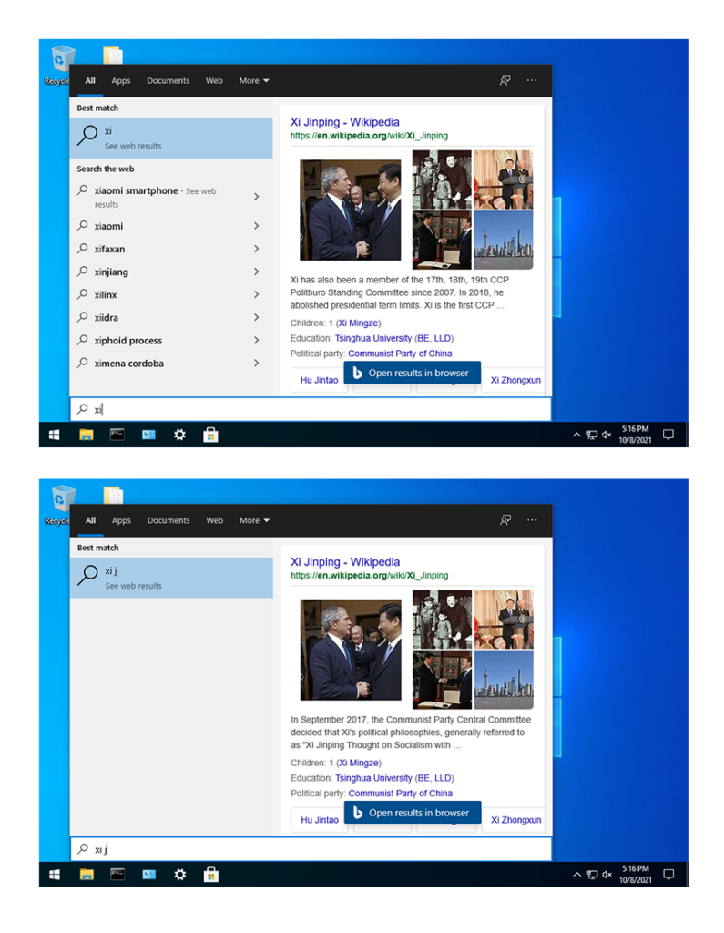 In the United States English locale, Windows Start Menu search shows autosuggestions for &ldquo;xi&rdquo; not related to Xi Jinping and not any autosuggestions for &ldquo;xi␣j&rdquo;