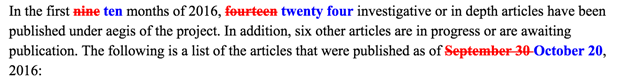 Tainted Leaks: Disinformation and Phishing With a Russian Nexus 15 Figure 14: Dates and numbers changed to accommodate ten more articles