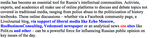 Tainted Leaks: Disinformation and Phishing With a Russian Nexus 19 Figure 18: A second section in same document showing once more how several media outlets, including Echo Moscow, RosBusinessConsulting, and Vedomosti have been added.