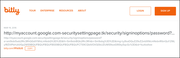 Tainted Leaks: Disinformation and Phishing With a Russian Nexus 29 Figure 27: Bitly link and ultimate phishing page address sent to John Podesta, former chairman of the Hillary Clinton presidential campaign, in March 2016