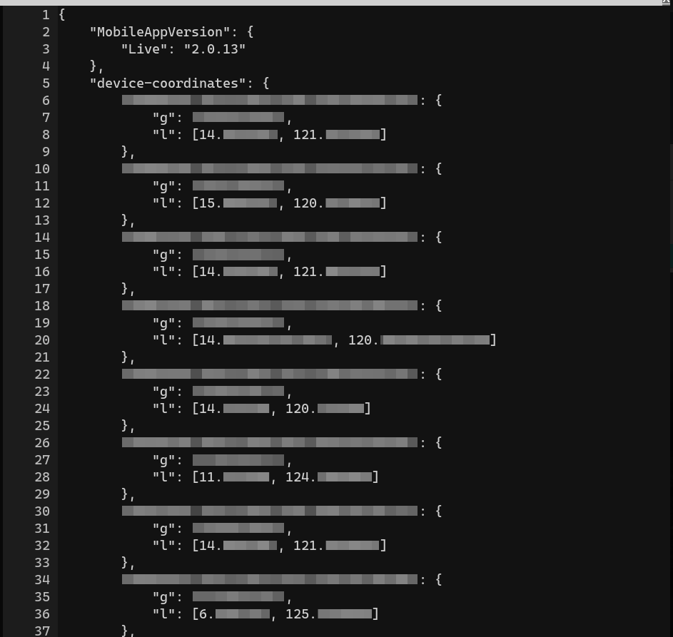 Unmasked II: An Analysis of Indonesia and the Philippines’ Government-launched COVID-19 Apps 4 Figure 4: User geolocation data (redacted) retrieved from StaySafe PH Firebase database