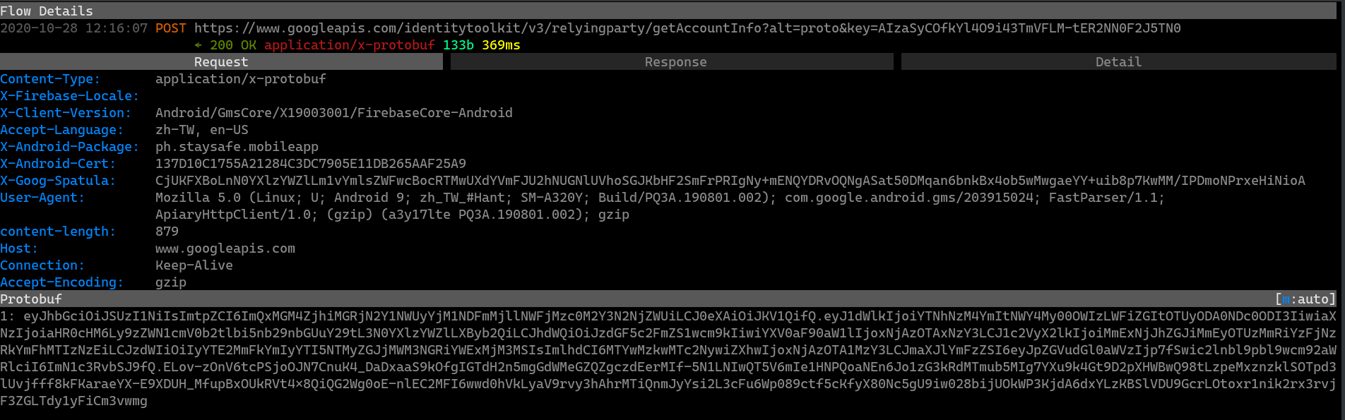 Unmasked II: An Analysis of Indonesia and the Philippines’ Government-launched COVID-19 Apps 3 Capture of network traffic from StaySafe PH revealing the Firebase authentication token.